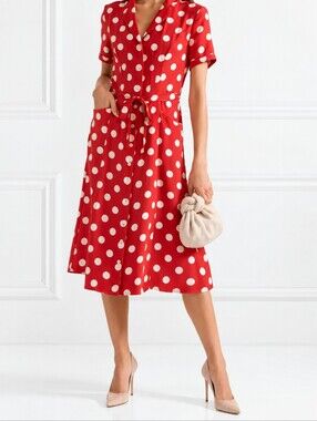 HVN Maria Polka Dot 100% Silk Shirt Dress Red/Cream Size 2